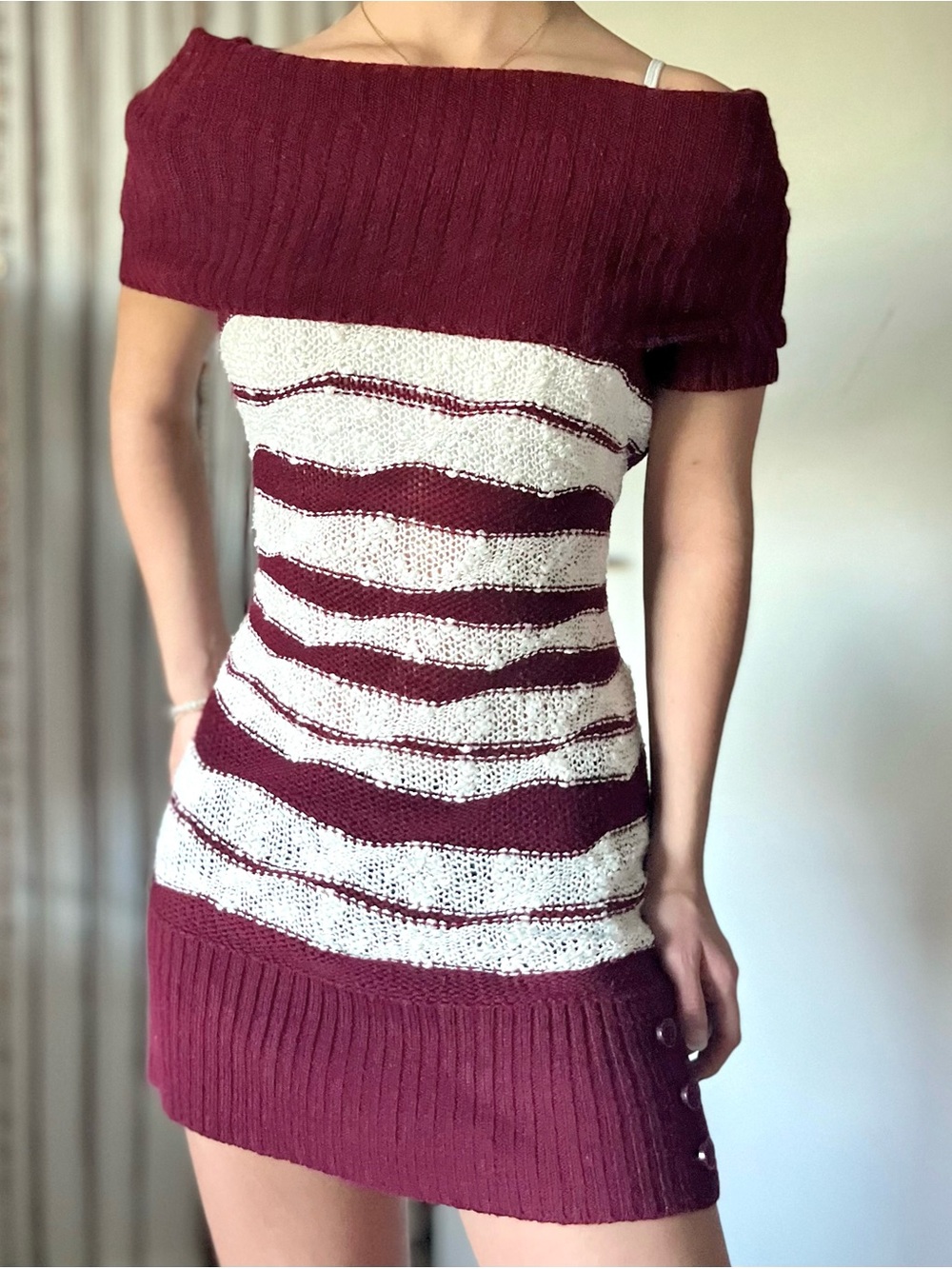 Off-Shoulder Burgundy and White Stripe Knit Sweater Dress
